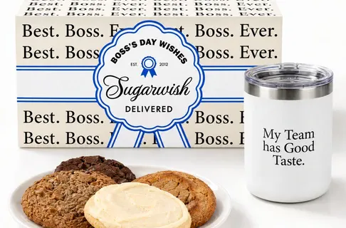 A Sugarwish Boss's Day gift box with a plate of cookies and a monogrammed tumbler