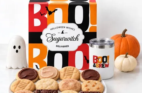 Halloween-themed Sugarwish gift box with branded mug and bakery treats