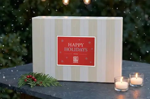 A branded Happy Holidays keepsake gift box surrounded by candles and holiday greenery