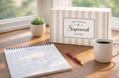 August calendar with a Sugarwish holiday gift box, representing early corporate holiday gift planning