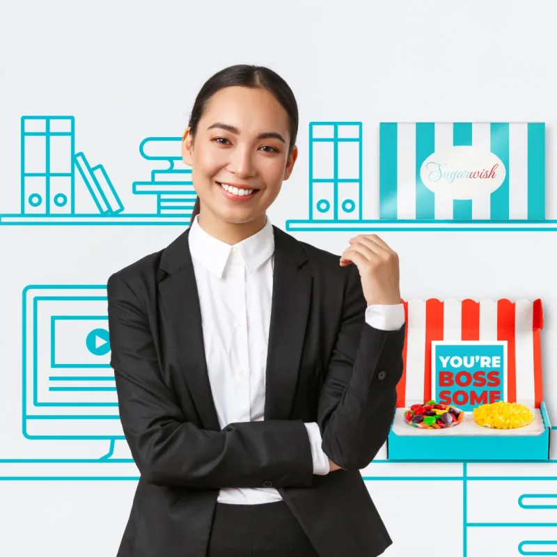 a boss lady happy after receiving a sugarwish gift.