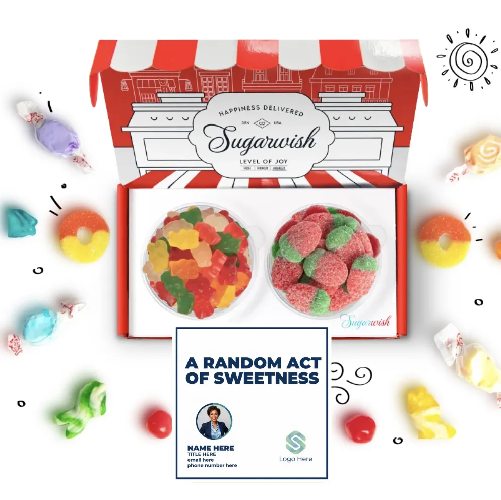 Sugarwish gift box open with gummy candies and a custom branded rep card inside