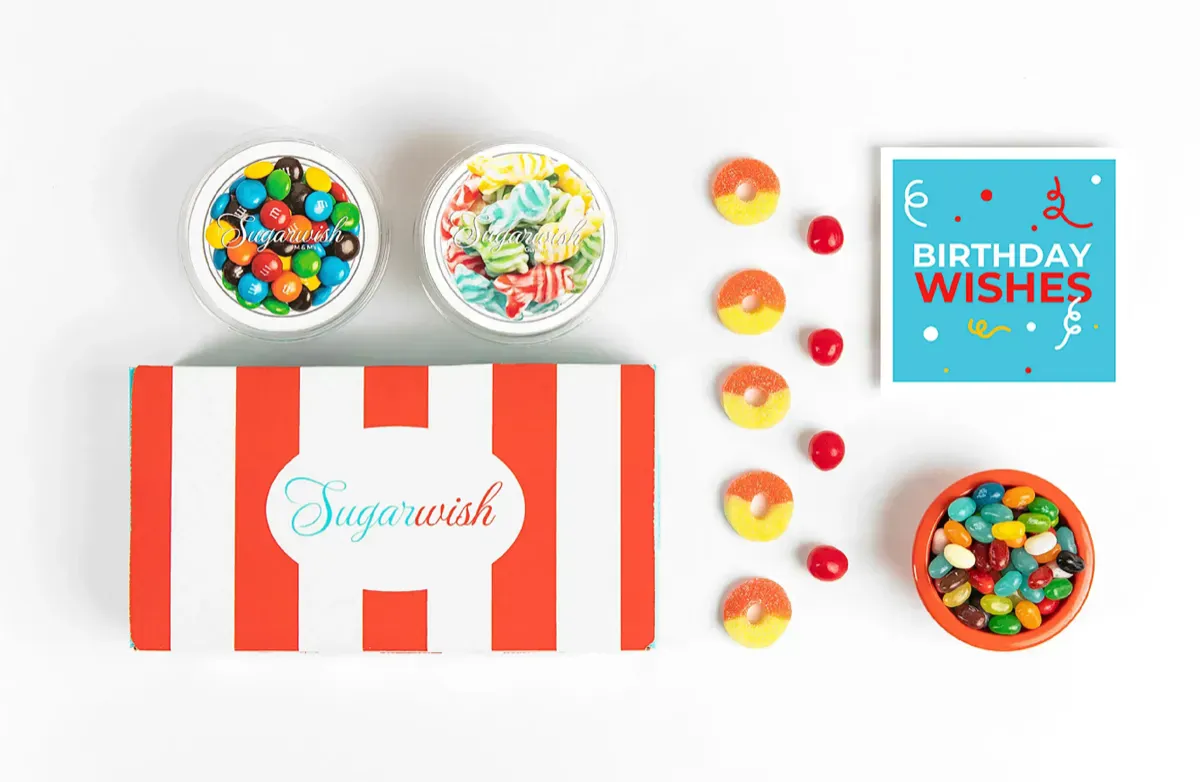 Sugarwish candy gift box with Birthday Wishes card and assorted sweets