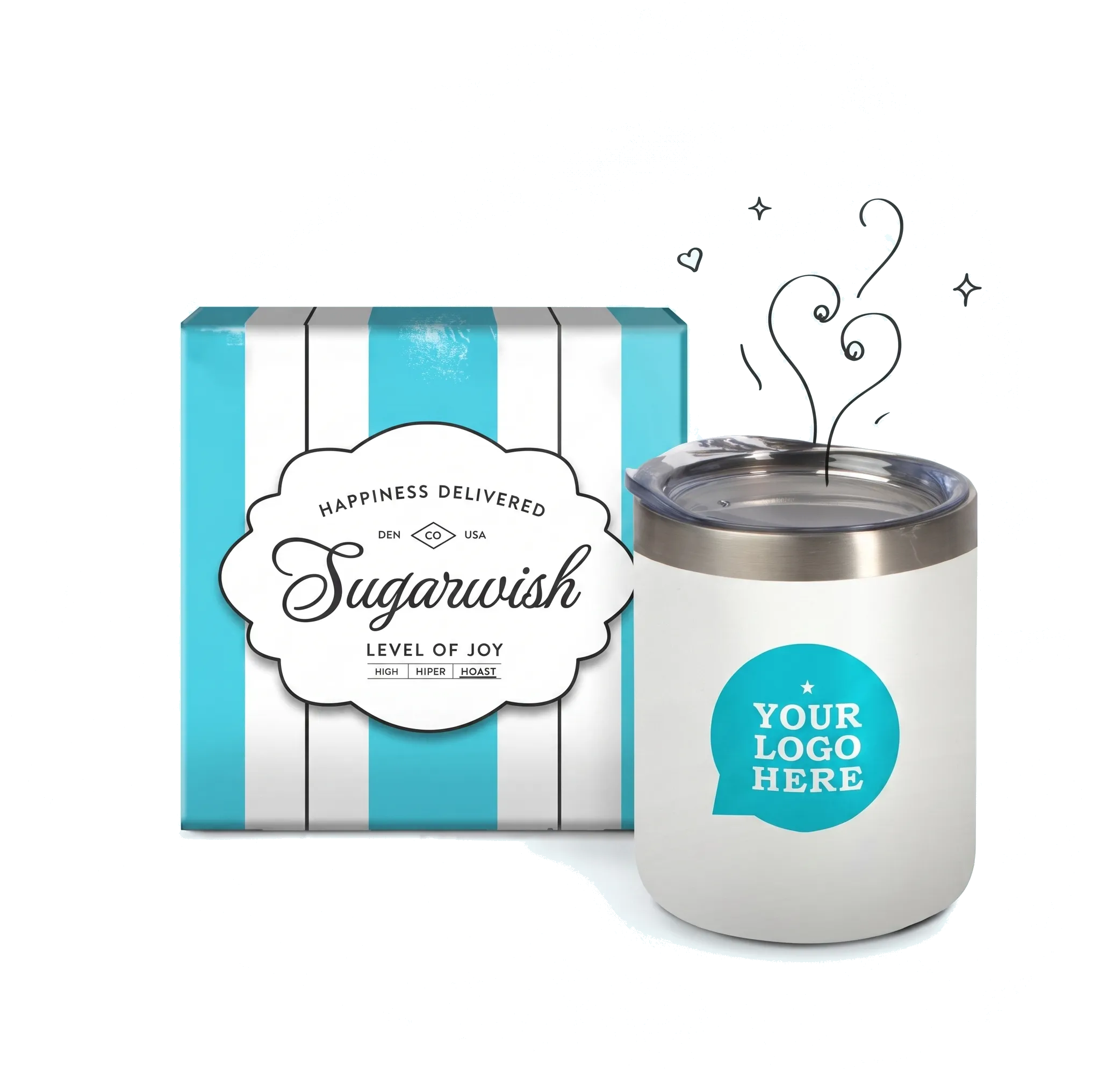 Branded Sugarwish tumbler with custom logo next to a Sugarwish gift box