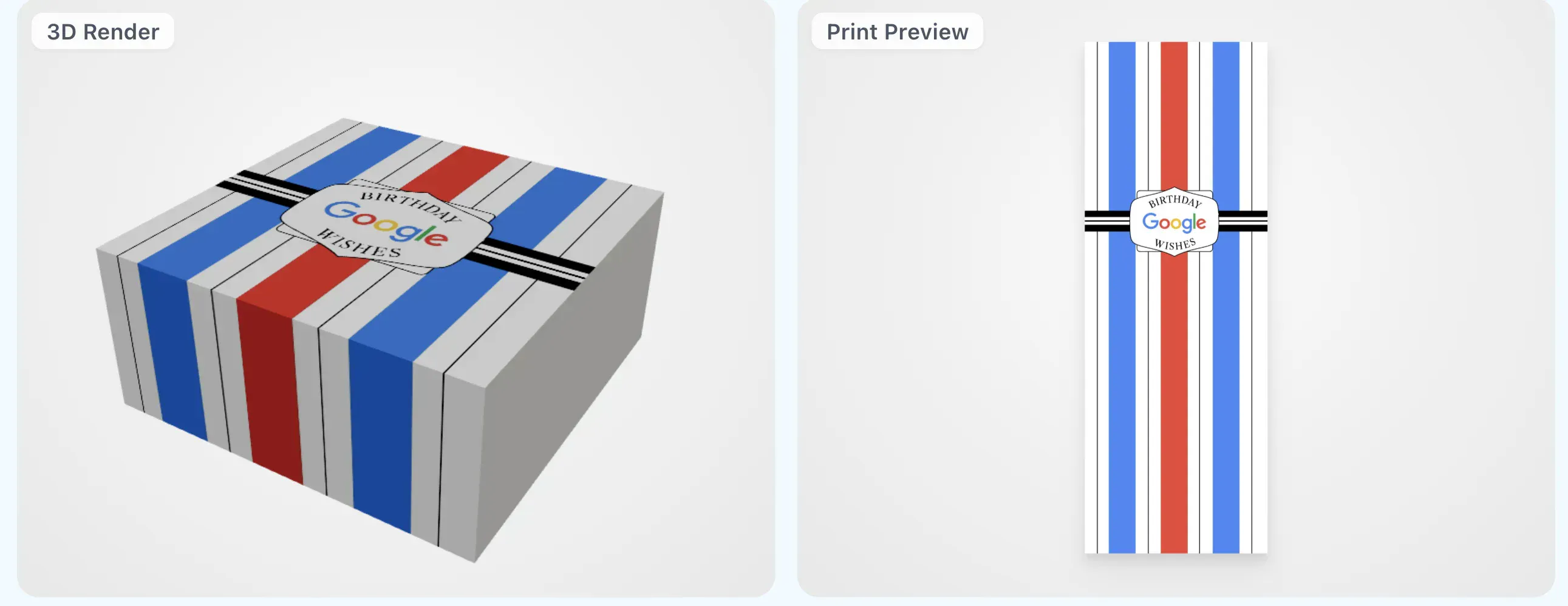 Gift Genie interface showing the custom sleeve 3D render and print preview for Deluxe box size