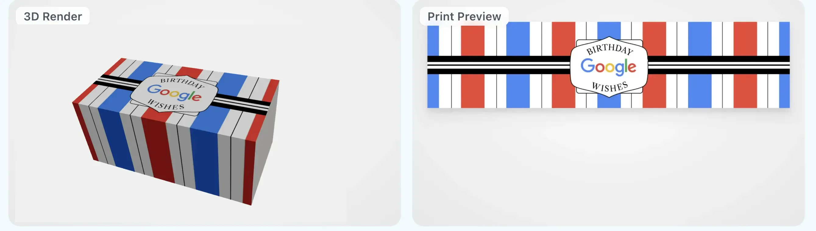 Gift Genie interface showing the custom sleeve 3D render and print preview for Large box size