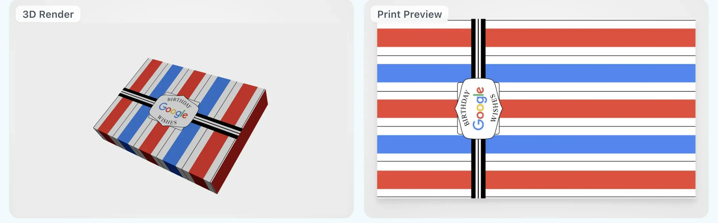 Gift Genie interface showing the custom sleeve 3D render and print preview for Medium box size