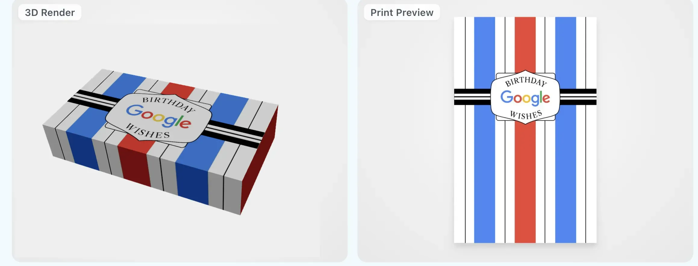 Gift Genie interface showing the custom sleeve 3D render and print preview for Mini box size