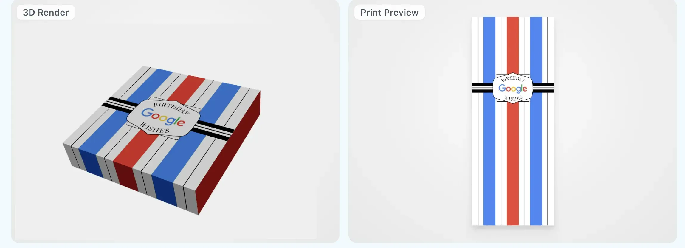 Gift Genie interface showing the custom sleeve 3D render and print preview for Small box size