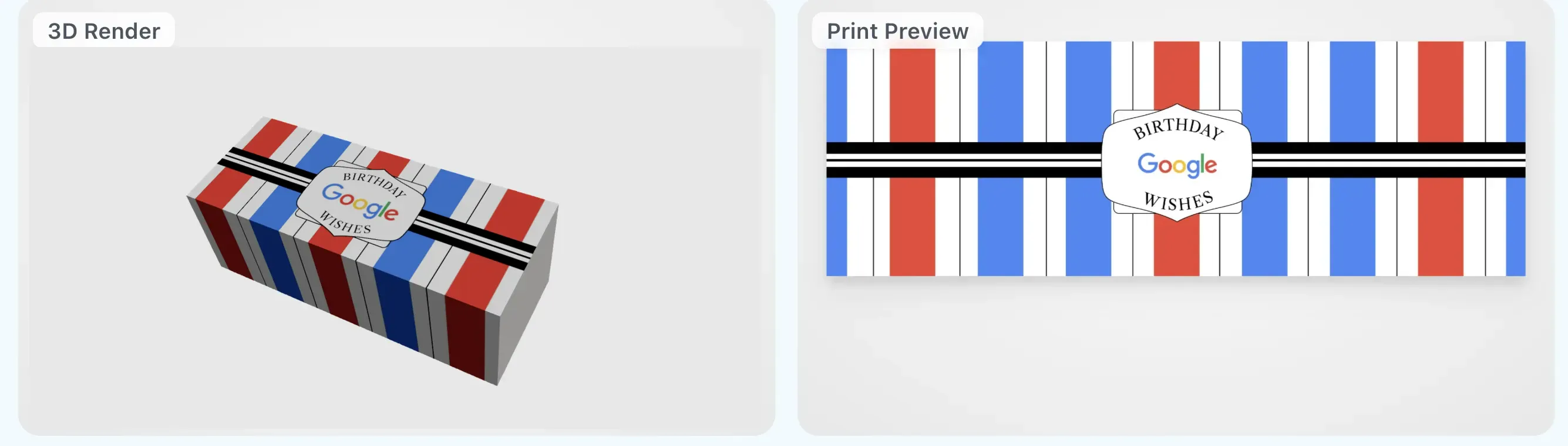 Gift Genie interface showing the custom sleeve 3D render and print preview for X-Large box size
