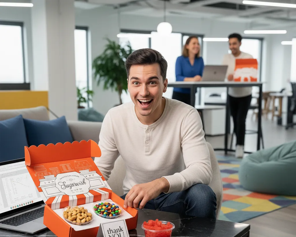 Employee smiling and celebrating receiving a Sugarwish gift