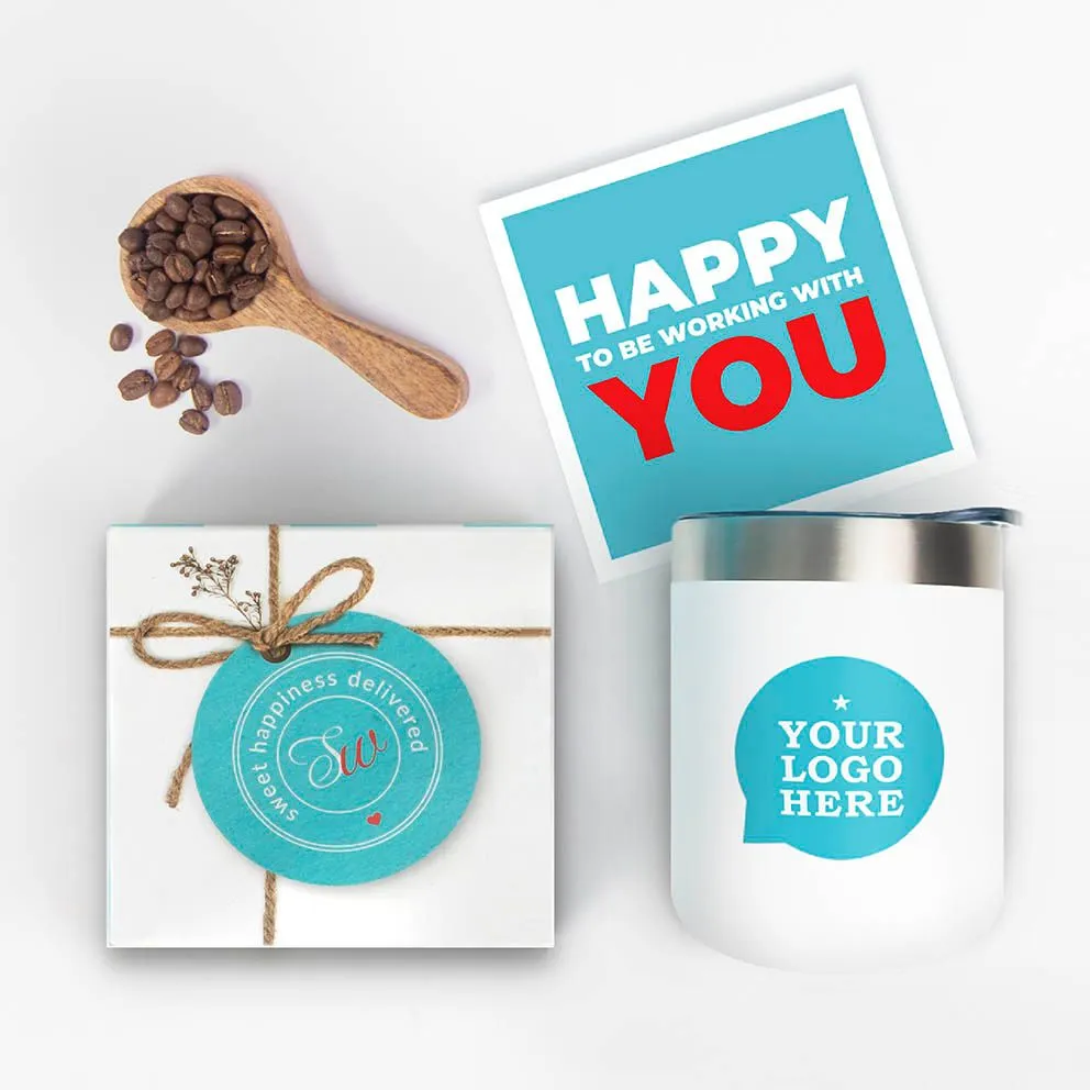 Custom branded mug with coffee treats and personalized card