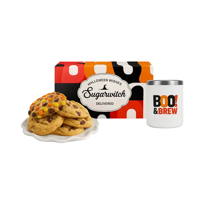 Sugarwitch Halloween gift box with a plate of chocolate chip cookies and a Boo and Brew tumbler