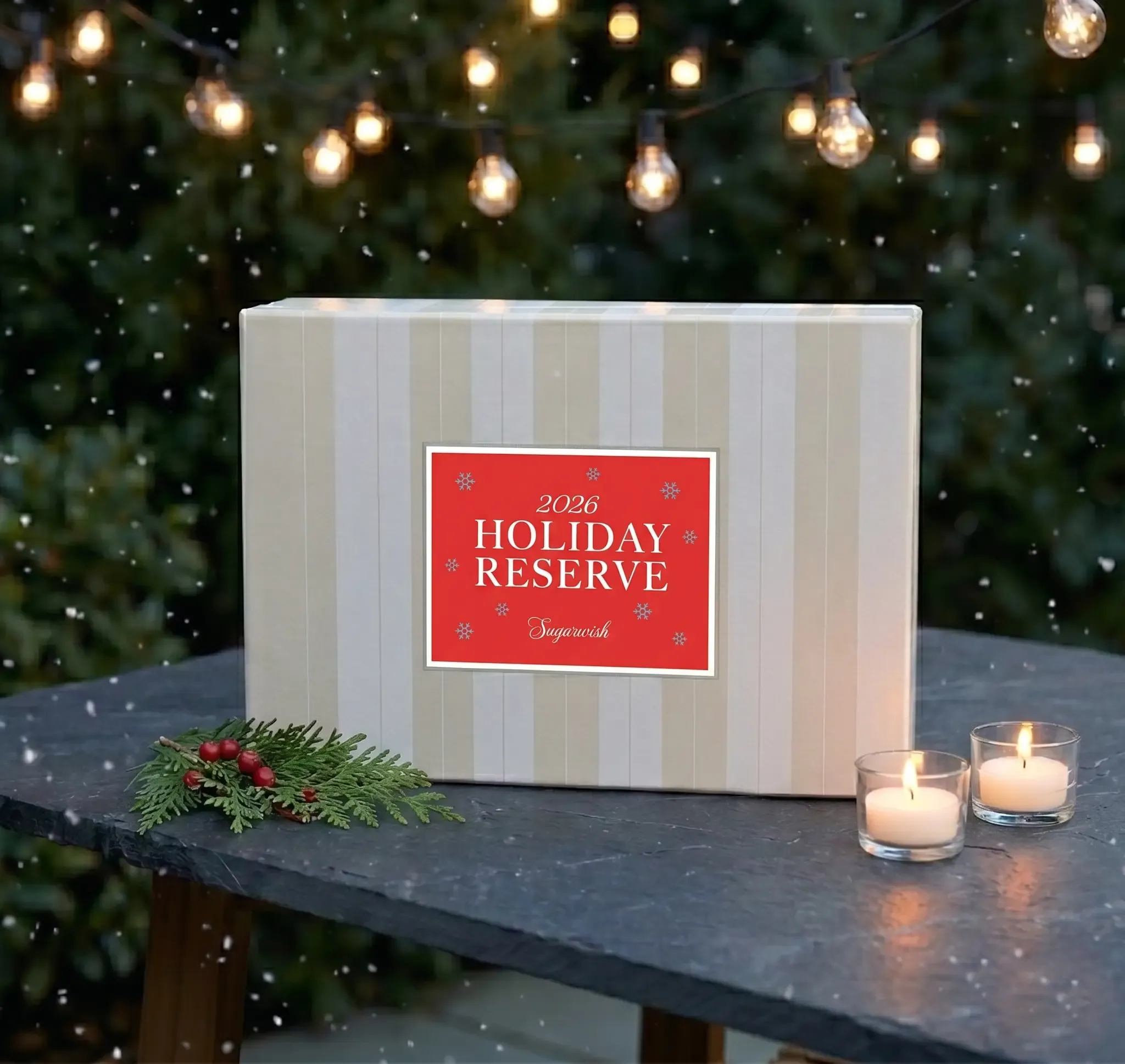 Keepsake box with custom Holiday Reserve inlay, photographed outdoors with string lights