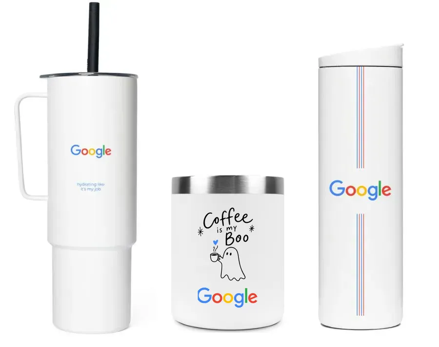 Custom branded Google tumblers and a "Coffee is my Boo" Halloween mug