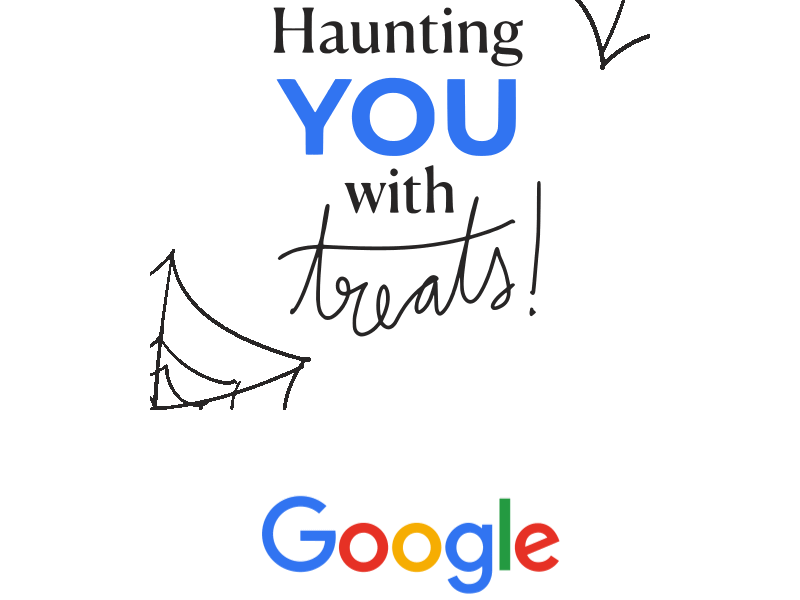 Animated "Haunting YOU with treats!" eCard with spiderweb illustrations and a Google logo