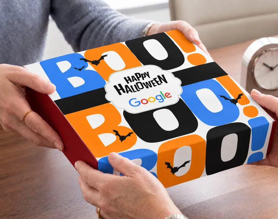 Custom branded Halloween Sugarwish box sleeve with Google logo and bats