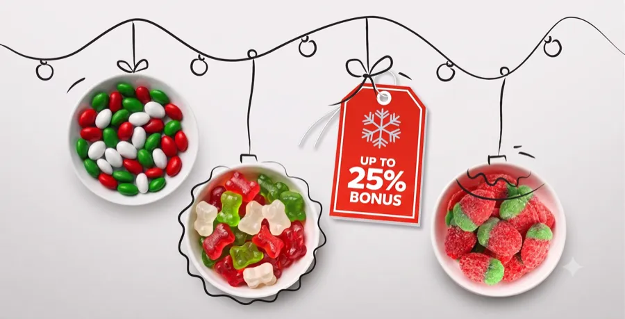 Bowls of red, green, and white holiday candy hanging like ornaments beside an Up to 25% Bonus gift tag