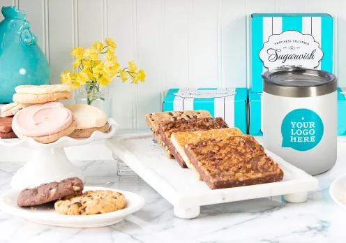 Sugarwish gift boxes with cookies, brownies, and branded tumbler