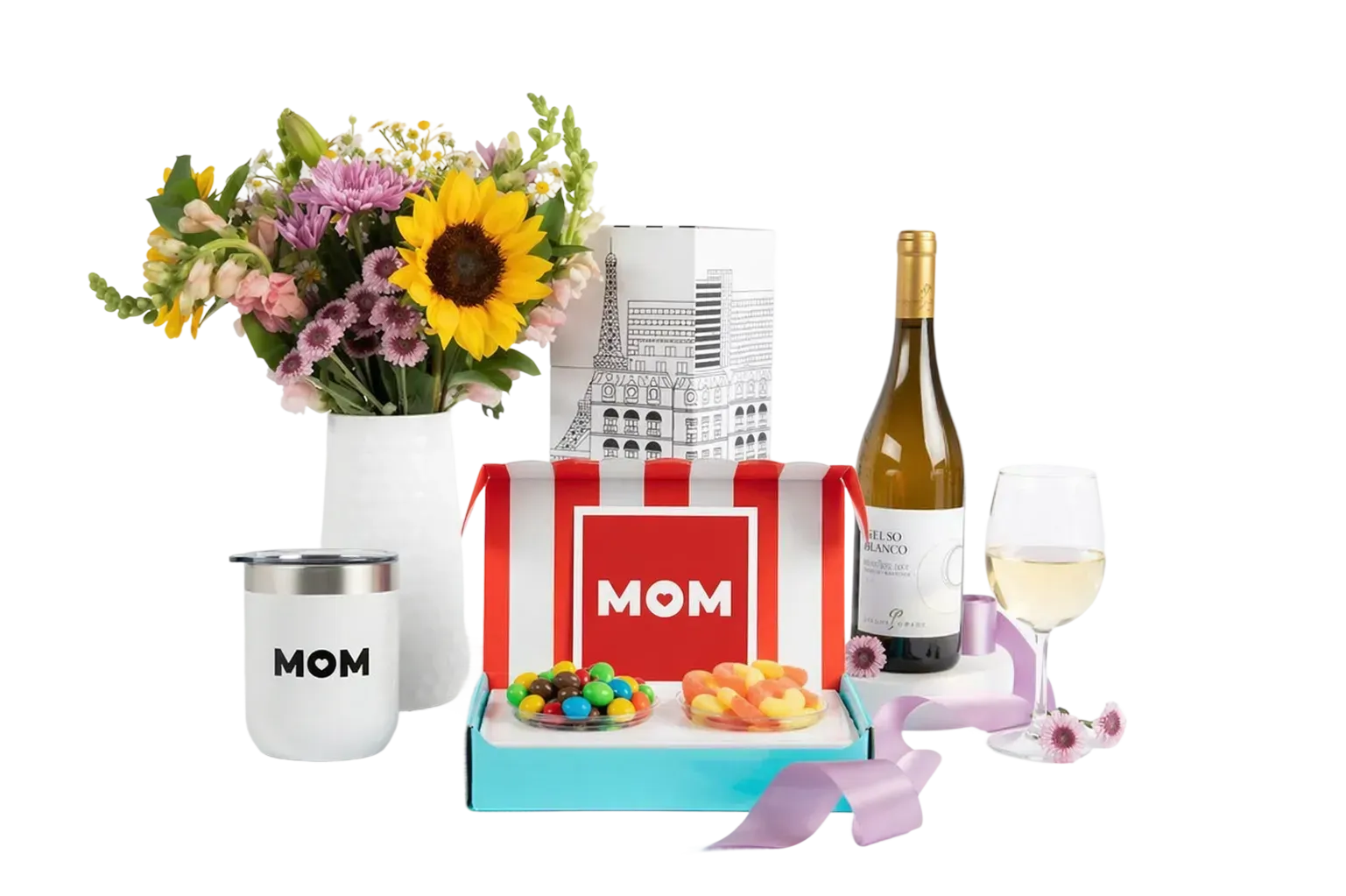 Sugarwish Mother's Day gift collection with flowers, MOM mug, candy, and wine