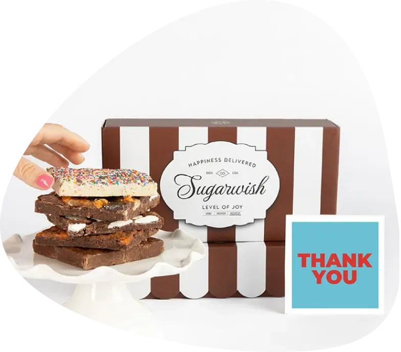 Sugarwish gift box with brownies and a Thank You card
