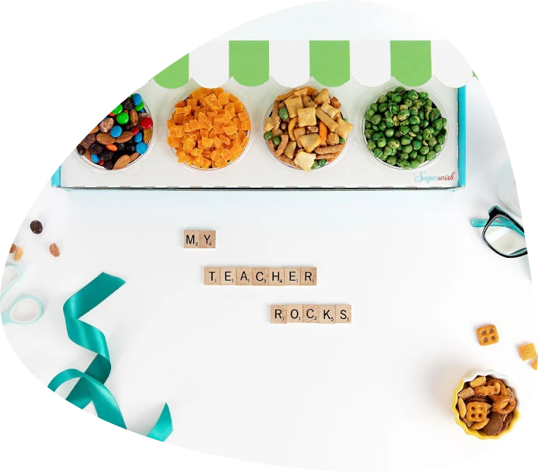 My Teacher Rocks gift flat-lay with snacks and teal ribbon