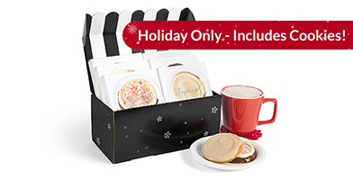gift box with cocoa and cookies with banner for only available during the holidays